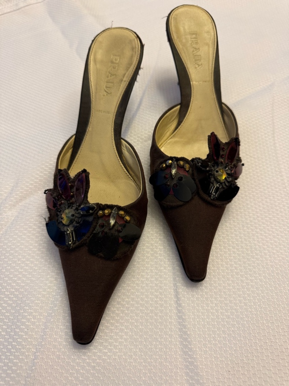 Prada Brown Pointed-Toe Embellished Slip-On Mules